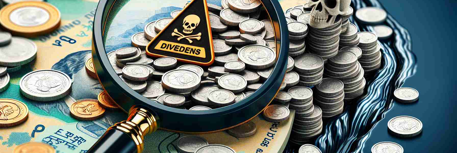 A detailed, high-quality image representing the financial concept of 'Dividends in Danger', interpreted as a pile of coins with a symbol of danger, such as a skull or a caution sign embedded on them. The next part of the image is dedicated to the 'Discovery of Akzo Nobel India's Cash Flow Mystery', represented by a magnifying glass scrutinizing a flowing river of Indian rupees, suggesting cash flow, with Akzo Nobel's logo subtly present in the background.