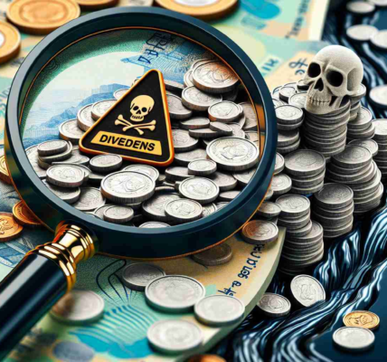 A detailed, high-quality image representing the financial concept of 'Dividends in Danger', interpreted as a pile of coins with a symbol of danger, such as a skull or a caution sign embedded on them. The next part of the image is dedicated to the 'Discovery of Akzo Nobel India's Cash Flow Mystery', represented by a magnifying glass scrutinizing a flowing river of Indian rupees, suggesting cash flow, with Akzo Nobel's logo subtly present in the background.