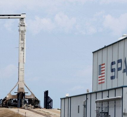 A SpaceX Falcon 9 rocket prepares for launch at the Kennedy Space Center in Cape Canaveral, Florida, US