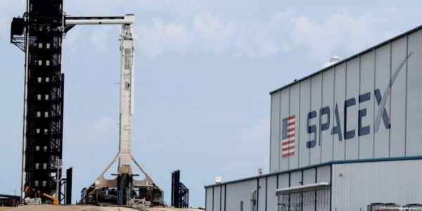 A SpaceX Falcon 9 rocket prepares for launch at the Kennedy Space Center in Cape Canaveral, Florida, US